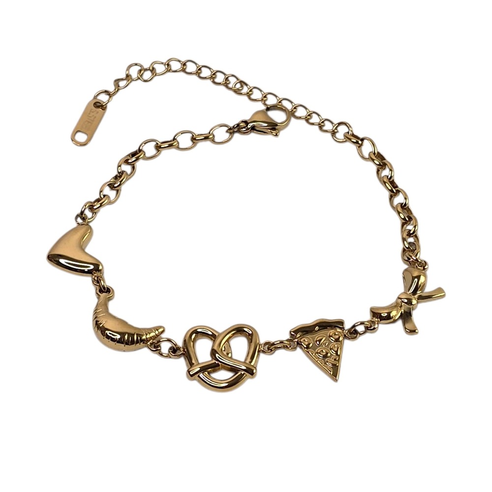18K Gold‎  Plated Food Charm Bracelet Croissant Pretzel Pizza Heart Adjustable